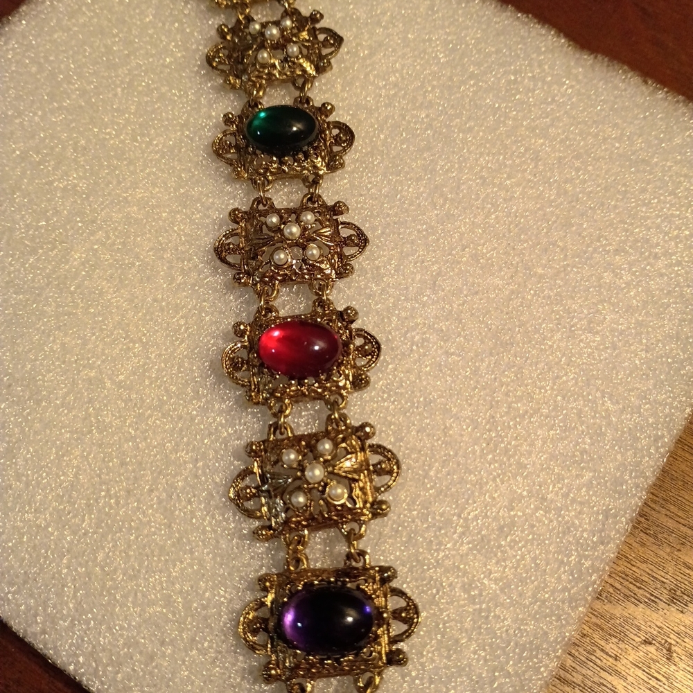 Vintage victorian Revival Glass Stone Panel Bracelet